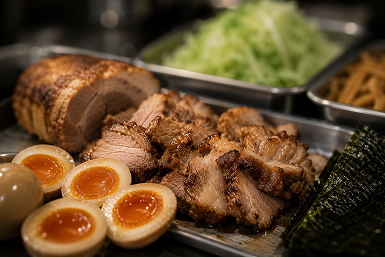 店内で煮込んだチャーシューと味玉・ネギ・海苔の具材
